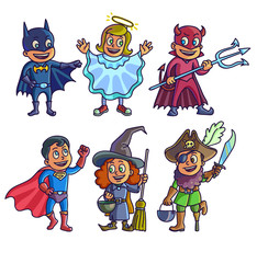 Happy halloween. Set of cartoon cute children in different costumes batman, witch, angel, devil superhero and pirate.