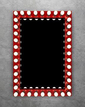 Red makeup mirror on the concrete wall. 3D rendering