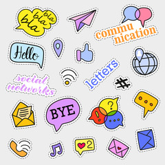 Fashion patch badges. Social networks set. Stickers, pins, patches and handwritten notes collection in cartoon 80s-90s comic style. Trend. Vector illustration isolated. Vector clip art.