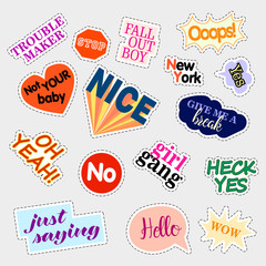 Fashion patch badges. Set with phrases. Stickers, pins, patches and handwritten notes collection in cartoon 80s-90s comic style. Trend. Vector illustration isolated. Vector clip art.