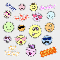 Fashion patch badges. Smiles set. Stickers, pins, patches and handwritten notes collection in cartoon 80s-90s comic style. Trend. Vector illustration isolated. Vector clip art.