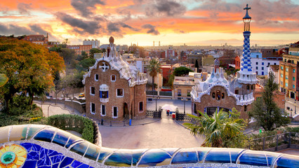 Barcelona at sunset, park Guell, nobody - obrazy, fototapety, plakaty