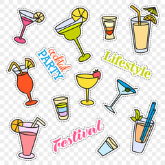 Fashion patch badges. Cocktail set. Stickers, pins, patches and handwritten notes collection in cartoon 80s-90s comic style. Vector illustration isolated on transparent background Vector clip art.