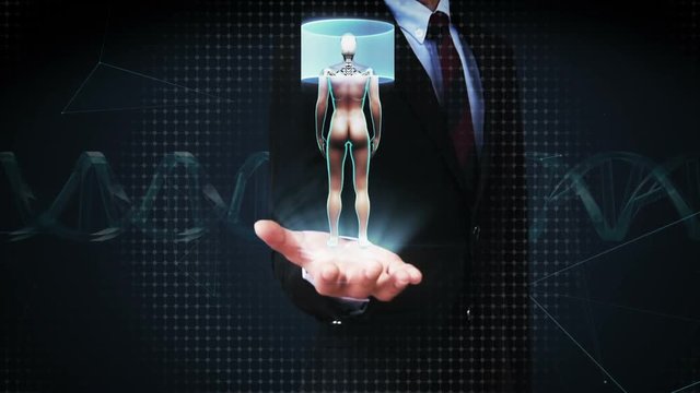 Businessman open palm, Rotating Female Human, scanning cardiovascular system, skeletal structure, bone system, Blue X-ray light.