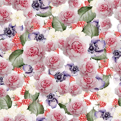 Watercolor pattern with the flowers  anemone,  roses.   Illustration