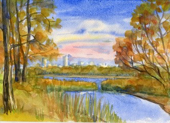 Autumn landscape with trees on the river Bank. Watercolor painting