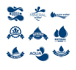 Blue logos set. Label for mineral water. Aqua icons collection.