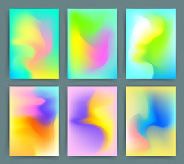 Fluorescent colors backgrounds set. Holographic effect. Applicable for gift card,cover,poster,brochure,magazine. Vector template.