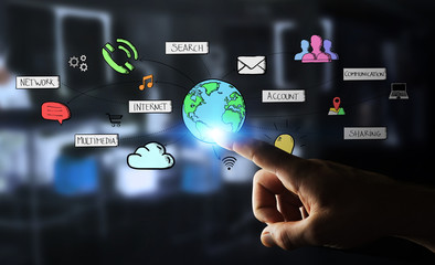 Businessman touching multimedia network 3D rendering