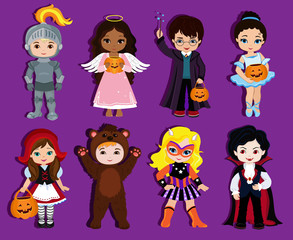 Halloween children trick or treating in Halloween costume. Vector illustration isolated on background.