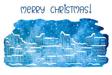 Merry Christmas card design. Winter watercolor background with doodle cityscape. Vector illustration.