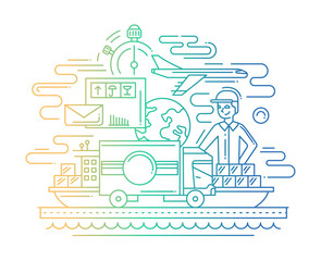 Delivery service line flat design illustration with male and cargo