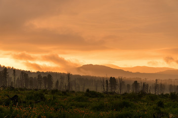 mountain sunset sky mist