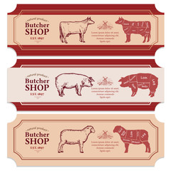 Butcher shop label fresh beef, pork, lamb