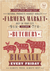 Butcher shop vintage poster fresh meat beef, pork, lamb