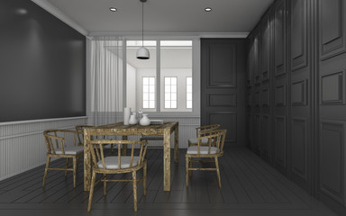 3d rendering dark classic dining room with wood dining set