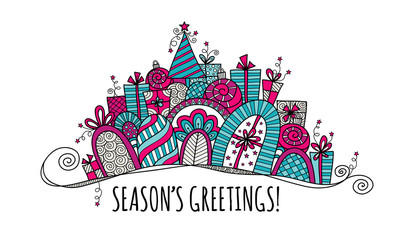 Season's Greetings Modern Christmas Banner doodle vector illustration with the words season's greetings under a banner of presents, baubles, a christmas tree, swirls and stars.