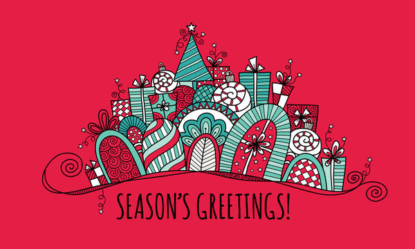 Season's Greetings Modern Christmas Banner doodle vector illustration with the words season's greetings under a banner of presents, baubles, a christmas tree, swirls and stars on a red background.