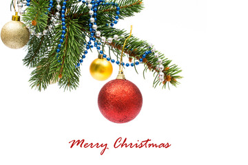 Christmas greeting card. Isolated tree with balls and ornament o