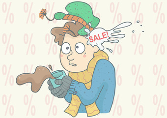 Man being hit by snowball with sale inscription, percentage symbols in background. Vector illustration for winter sale, with shocked man.