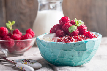 Fresh homemade cottage cheese with raspberries