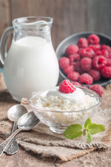 Fresh homemade cottage cheese with raspberries