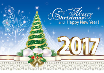  Merry Christmas and Happy New Year 2017 with Christmas tree