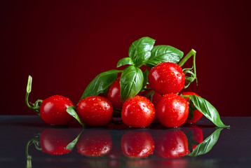 Wet tomatoes with green Basil on a black table