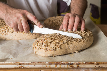 Raw leavened bread sprinkled with seeds. The baker decorates a knife breads on baking paper in a bakery. The concept of baking and pastry shops.