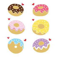 cute sweet donuts hand drawn with red heart set vector