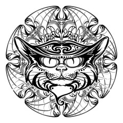 Halloween illustration with black cat head on circular ornament of bat wings. Intricate hand drawing. Halloween concept design. T-shirt print. Tattoo design. EPS10 vector illustration.