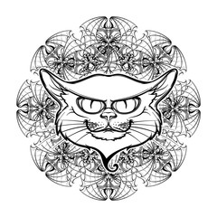 Halloween illustration with black cat head on circular ornament of bat wings. Intricate hand drawing. Halloween concept design. T-shirt print. Tattoo design. EPS10 vector illustration.
