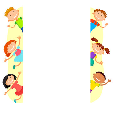 illustration of kids peeping behind placard