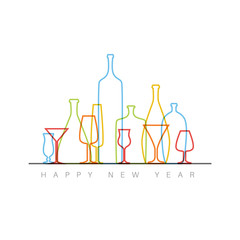 New Year card with bottles and glasses