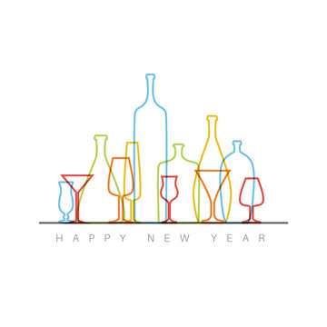 New Year card with bottles and glasses