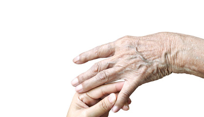 Daughter touching  elderly mom hand for take care of and make relationship