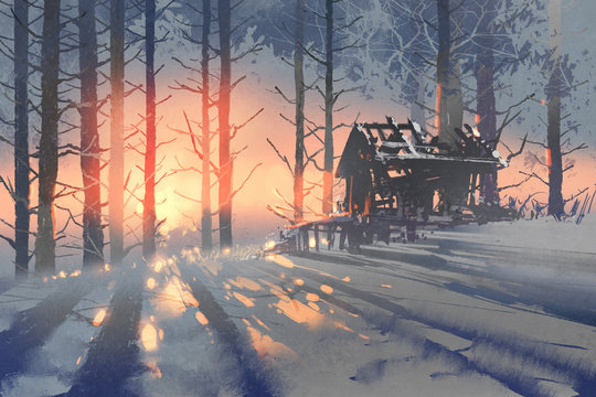 winter landscape of an abandoned house in the forest,illustration painting