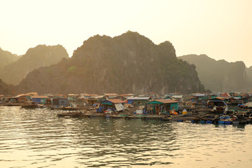 Fototapeta na wymiar Cai Beo floating village on sunset in Ha Long Bay