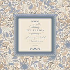Wedding Invitation. Greeting Card with Flowers in a folk style