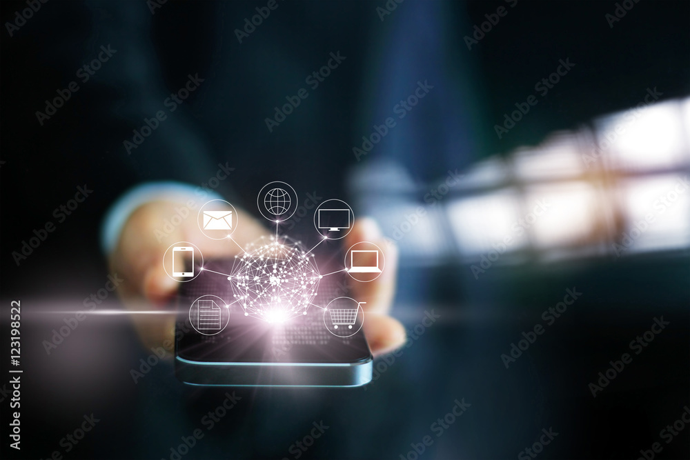 Poster Man using mobile payments, holding circle global and icon custom