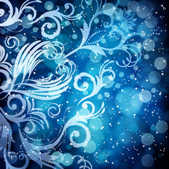 Abstract floral pattern on a blue background.