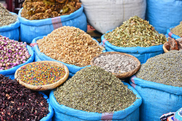 Variety of spices on the arab street market stall