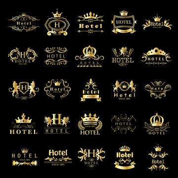 Hotel Logo Set - Isolated On Black Background - Vector Illustration, Graphic Design. For Web,Websites,App, Print,Presentation Templates,Mobile Applications And Promotional Materials