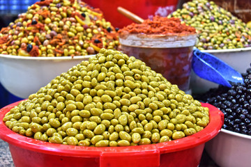 Assorted olives on the arab street market stall