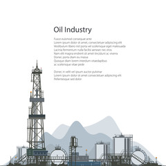 Fototapeta premium Oilfield, Drilling Oil or Natural Gas Rig with Outbuildings and Tanks and Cisterns, Poster Brochure Flyer Design, Vector Illustration
