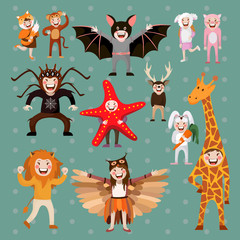 children in animal costumes , bat , starfish , giraffe, lion , fox , spider, owl , monkey , rabbit, sheep , swine, deer, vector graphics