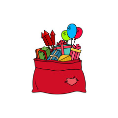 Colorful Red Bag of Santa Claus Isolated on White Background, Bag with Gifts and Multicolored Firecrackers and Balloons, Vector Illustration