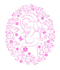 Pregnant woman inside round frame.