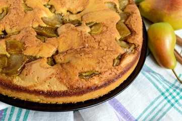 Home baked biscuit flavored pear charlotte cake with cinnamon. On a white wooden background. Close up