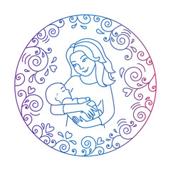 Mother and baby inside round frame.